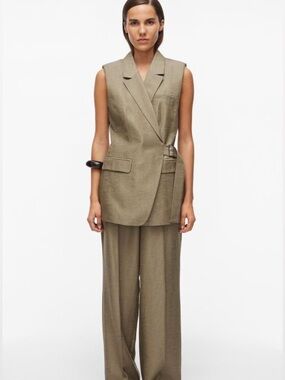 ROUGE EDIT Sleeveless Belted Blazer Vest - Taupe Size 38